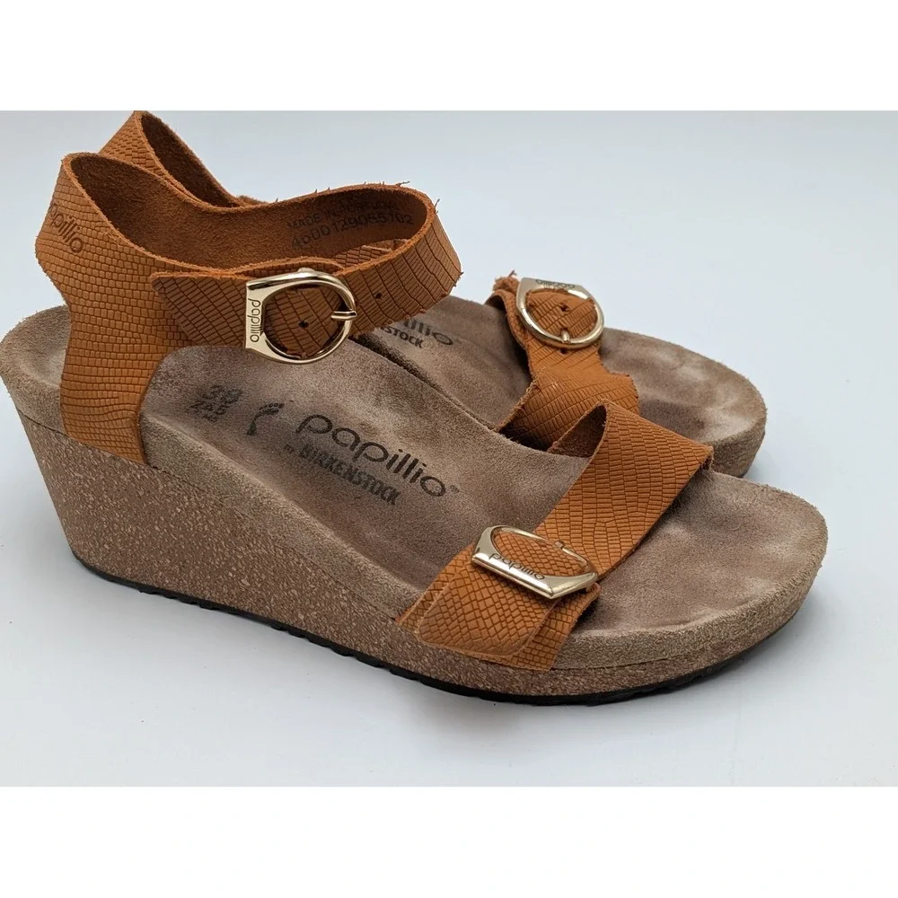 Papillio by Birkenstock Sandals Womens 38 Brown Lana Wedge Leather Buckle